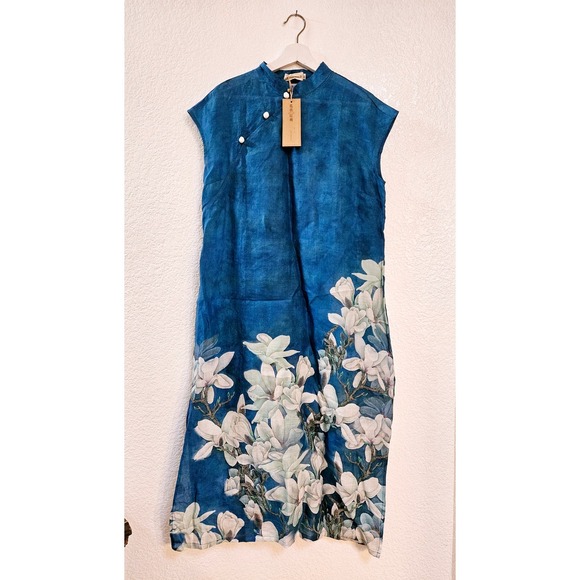 Chinese Style Long Dress with Magnolia Flower Print Blue Size Large High Neck - Picture 8 of 11